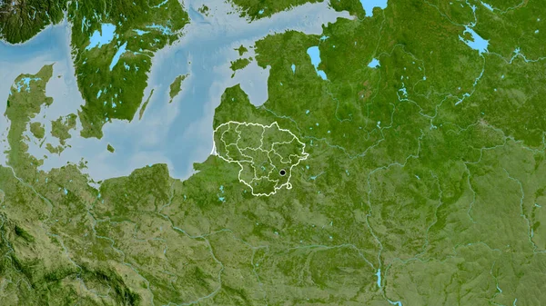 在卫星地图上对立陶宛边境地区及其区域边界进行密切监视 资本点 国家形貌概述 — 图库照片