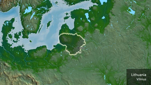 Close Lithuania Border Area Highlighting Dark Overlay Physical Map Capital — Stock Photo, Image