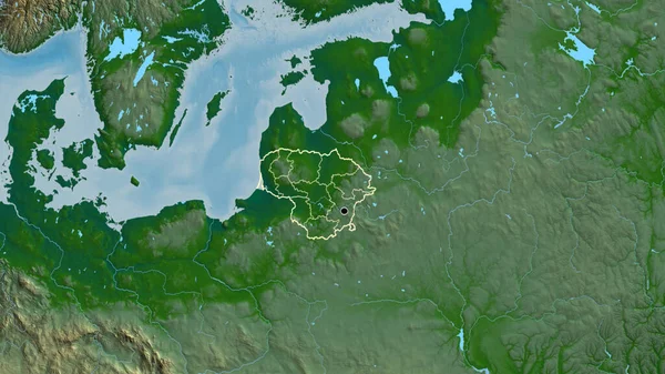 在实际地图上对立陶宛边境地区及其区域边界进行密切监视 资本点 国家形貌概述 — 图库照片