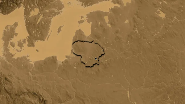 Κοντινό Πλάνο Της Μεθοριακής Περιοχής Της Λιθουανίας Υψομετρικό Χάρτη Σέπια — Φωτογραφία Αρχείου