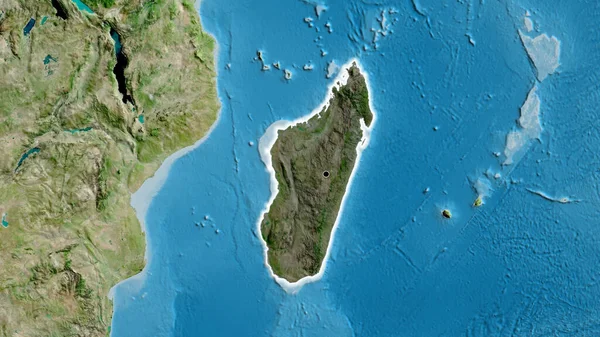 Närbild Madagaskars Gränsområde Med Mörk Överlagring Satellitkarta Huvudpunkt Glow Runt — Stockfoto