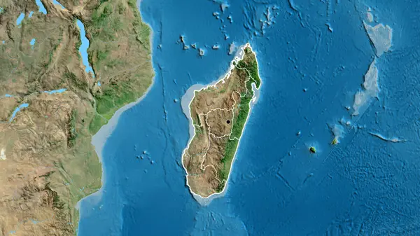 Detailní Záběr Pohraniční Oblasti Madagaskaru Jeho Regionálních Hranic Satelitní Mapě — Stock fotografie