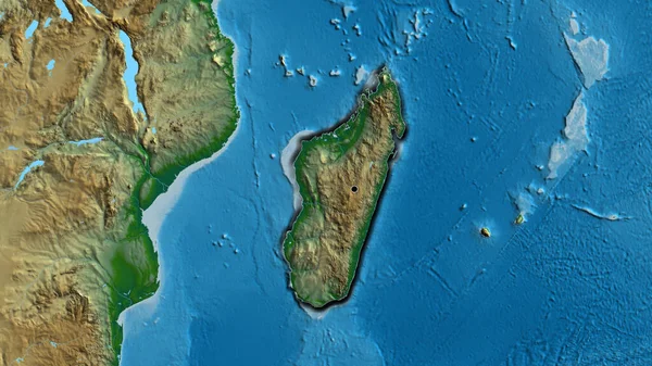 物理的な地図上のマダガスカル国境地域のクローズアップ 資本ポイント 国の形の縁が隠されている — ストック写真