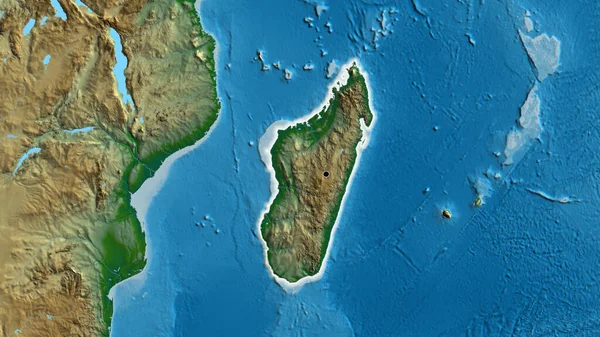 Nahaufnahme Des Grenzgebiets Madagaskar Auf Einer Physischen Karte Kapitalpunkt Glühen — Stockfoto