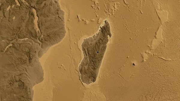 Madagaskar Sınır Bölgesinin Yakınındaki Sepya Yüksekliği Haritasında Ana Nokta Ülke — Stok fotoğraf