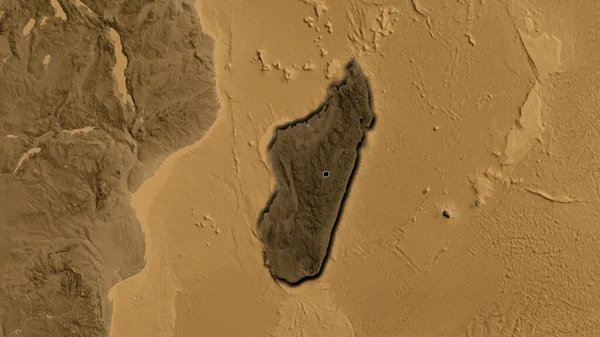 马达加斯加边境地区的特写镜头 用深暗的阴影覆盖在黑色的高程地图上 资本点 国家形状的斜边 — 图库照片