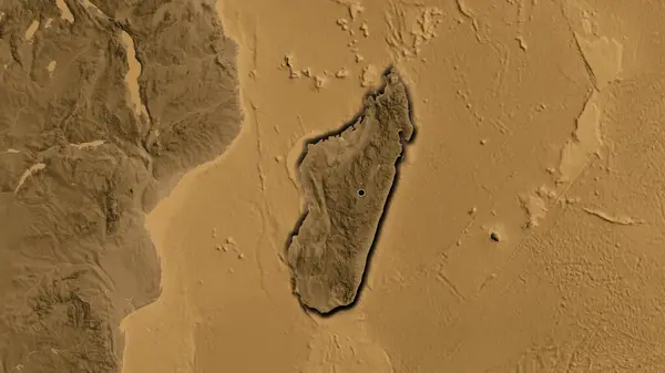 Närbild Madagaskars Gränsområde Karta Över Sepiahöjder Huvudpunkt Skalade Kanter Lantformen — Stockfoto