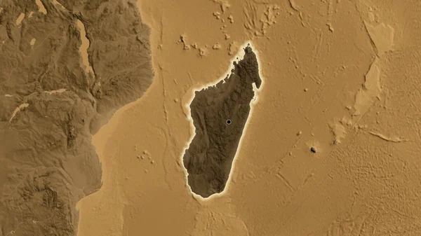 Madagaskar Sınır Bölgesinin Yakınından Sepia Yükseklik Haritasında Koyu Bir Örtüyle — Stok fotoğraf