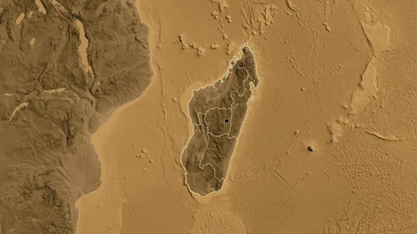 Madagaskar Sınır Bölgesine Bölgesel Sınırlarına Bir Sepya Yükseklik Haritası Üzerinde — Stok fotoğraf