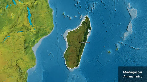 マダガスカル国境地域のクローズアップは 地形図上の暗いオーバーレイで強調表示されます 資本ポイント 国の形の周りの概要 英名国とその首都 — ストック写真