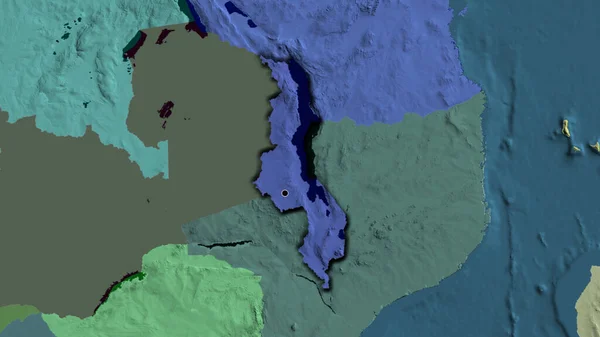 stock image Close-up of the Malawi border area on a administrative map. Capital point. Bevelled edges of the country shape. 