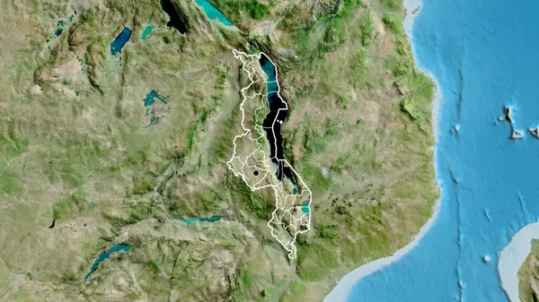 マラウィ国境地域の閉鎖と衛星地図上のその地域の境界線 資本ポイント 全国の概要 — ストック写真