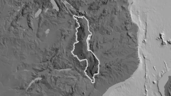 马拉维边境地区的特写镜头突出显示了一张双层地图上的黑暗阴影 资本点 风靡全国 — 图库照片