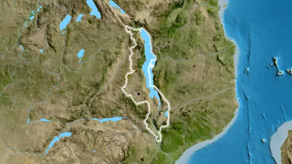 Close Área Fronteira Malawi Mapa Satélite Ponto Capital Brilho Torno — Fotografia de Stock