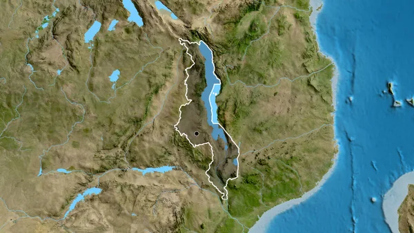Zbliżenie Strefy Przygranicznej Malawi Ciemną Nakładką Zdjęciu Satelitarnym Główny Punkt — Zdjęcie stockowe