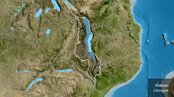 Närbild Malawis Gränsområde Med Mörk Överlagring Satellitkarta Huvudpunkt Runt Landet — Stockfoto