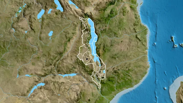 Zbliżenie Strefy Przygranicznej Malawi Jej Granic Regionalnych Zdjęciu Satelitarnym Yahoo — Zdjęcie stockowe