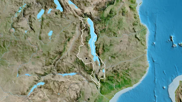 Närbild Malawis Gränsområde Satellitkarta Huvudpunkt Skissera Runt Landet Form — Stockfoto