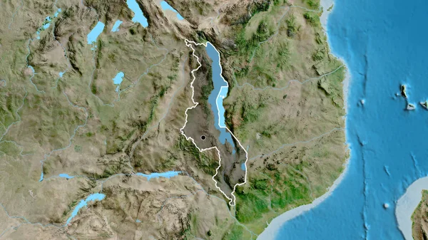 马拉维边境地区的特写镜头 用卫星地图上的黑暗覆盖突出显示 资本点 国家形貌概述 — 图库照片