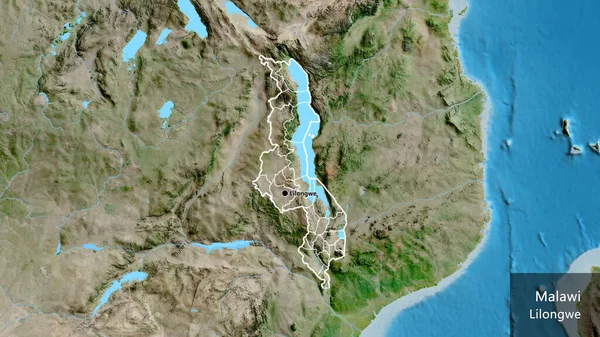 Närbild Gränsområdet Malawi Och Dess Regionala Gränser Satellitkarta Huvudpunkt Runt — Stockfoto
