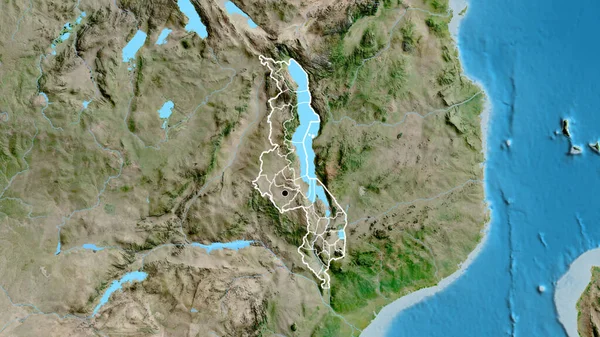 Närbild Gränsområdet Malawi Och Dess Regionala Gränser Satellitkarta Huvudpunkt Skissera — Stockfoto