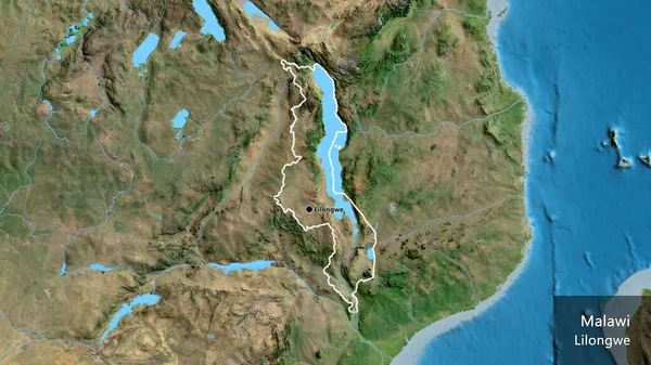 Gros Plan Frontière Malawi Sur Une Carte Satellite Point Capital — Photo