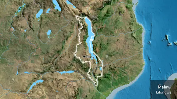 Närbild Malawis Gränsområde Satellitkarta Huvudpunkt Glow Runt Landet Form Landets — Stockfoto