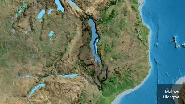 Närbild Malawis Gränsområde Med Mörk Överlagring Satellitkarta Huvudpunkt Skalade Kanter — Stockfoto