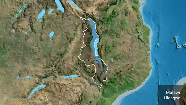 Närbild Malawis Gränsområde Med Mörk Överlagring Satellitkarta Huvudpunkt Runt Landet — Stockfoto
