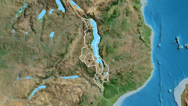 Närbild Gränsområdet Malawi Och Dess Regionala Gränser Satellitkarta Huvudpunkt Skissera — Stockfoto