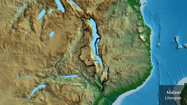 Close Área Fronteira Malawi Mapa Físico Ponto Capital Bordas Chanfradas — Fotografia de Stock