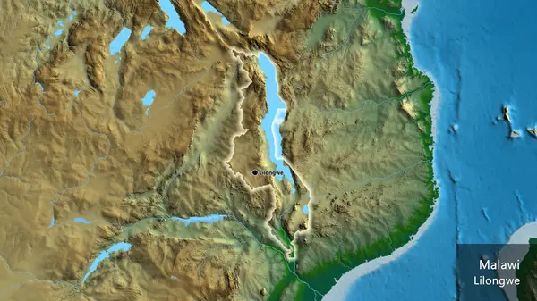 物理的な地図上のマラウィ国境地域の閉鎖 資本ポイント 国の形の周りに光る 英名国とその首都 — ストック写真