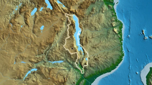 stock image Close-up of the Malawi border area on a physical map. Capital point. Glow around the country shape. 