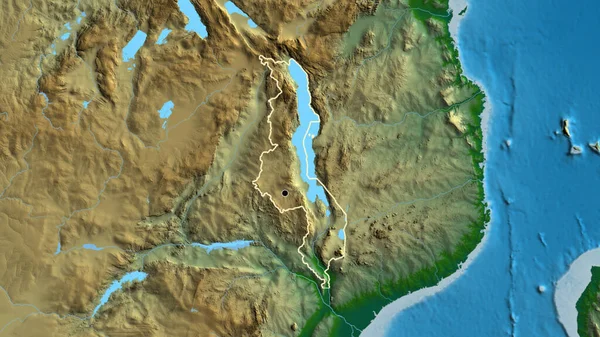 Närbild Malawis Gränsområde Fysisk Karta Huvudpunkt Skissera Runt Landet Form — Stockfoto