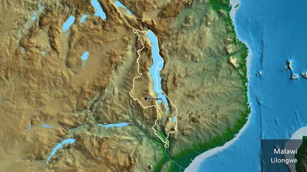 物理的な地図上のマラウィ国境地域の閉鎖 資本ポイント 国の形の周りの概要 英名国とその首都 — ストック写真