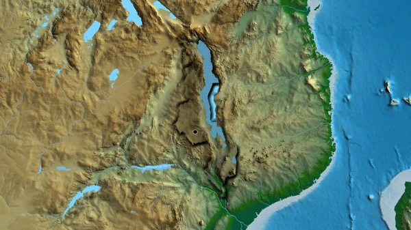 マラウィの国境地帯のクローズアップは 物理的な地図上の暗いオーバーレイで強調されています 資本ポイント 国の形の縁が隠されている — ストック写真