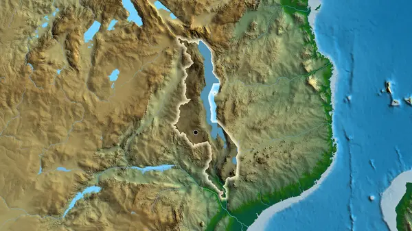 マラウィの国境地帯のクローズアップは 物理的な地図上の暗いオーバーレイで強調されています 資本ポイント 全国に光る — ストック写真