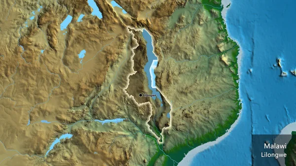 マラウィの国境地帯のクローズアップは 物理的な地図上の暗いオーバーレイで強調されています 資本ポイント 国の形の周りに光る 英名国とその首都 — ストック写真