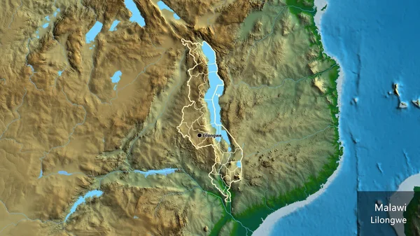マラウィ国境地域とその地域の境界線の物理的な地図上のクローズアップ 資本ポイント 国の形の周りの概要 英名国とその首都 — ストック写真
