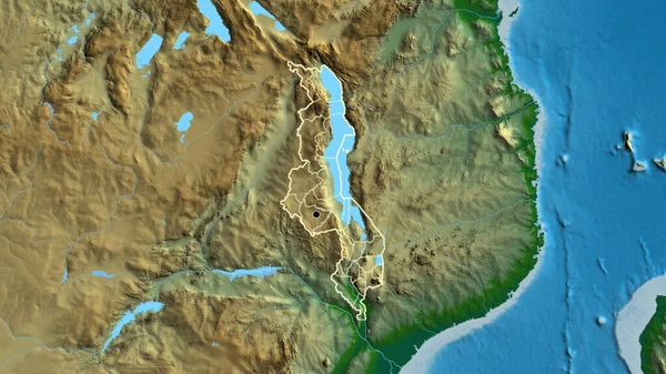 マラウィ国境地域とその地域の境界線の物理的な地図上のクローズアップ 資本ポイント 全国の概要 — ストック写真