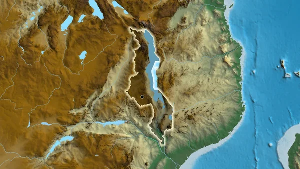 Närbild Malawis Gränsområde Med Ett Mörkt Överdrag Reliefkarta Huvudpunkt Glow — Stockfoto