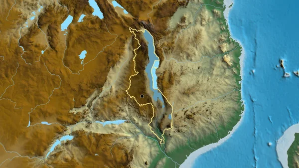 Közelkép Malawi Határ Menti Területről Amely Egy Domborműves Térképen Sötét — Stock Fotó