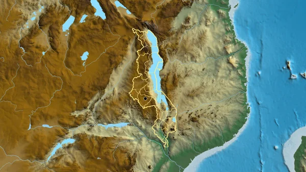 在一张救济地图上对马拉维边境地区及其区域边界进行了密切监视 资本点 国家形貌概述 — 图库照片
