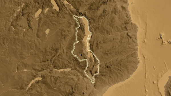 말라위 지역의 사진입니다 세피아 Sepia 지도입니다 전국을 누비며 젓는다 — 스톡 사진