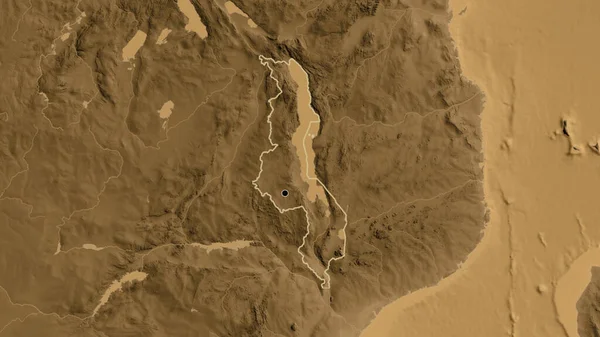 Крупный План Приграничной Зоны Малави Карте Высоты Сепии Отличный Момент — стоковое фото