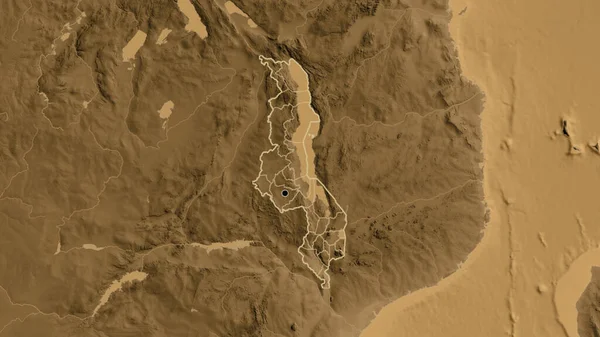 말라위 국경을 사이에 세피아 Sepia 지도를 가까이 사진입니다 나라의 모양을 — 스톡 사진
