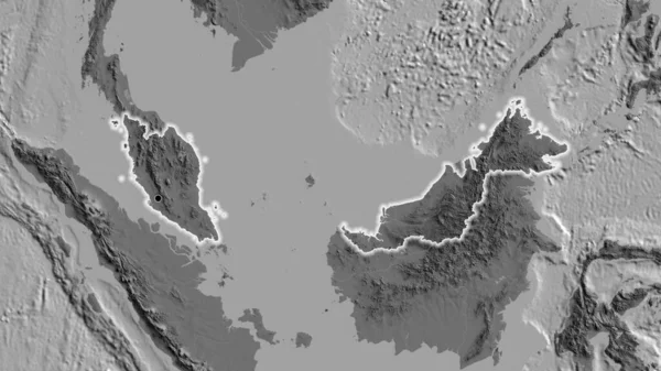 Zbliżenie Strefy Przygranicznej Malezji Mapie Dwupoziomowej Główny Punkt Blask Wokół — Zdjęcie stockowe