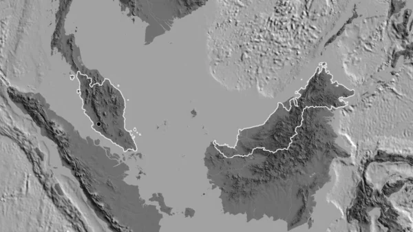 Nahaufnahme Des Malaysischen Grenzgebiets Auf Einer Zweistufigen Karte Kapitalpunkt Umrisse — Stockfoto