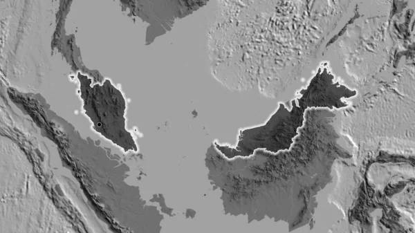 Zbliżenie Strefy Przygranicznej Malezji Ciemnym Pokryciem Mapie Dwupoziomowej Główny Punkt — Zdjęcie stockowe
