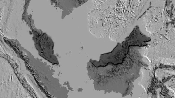 Zbliżenie Strefy Przygranicznej Malezji Ciemnym Pokryciem Mapie Dwupoziomowej Główny Punkt — Zdjęcie stockowe